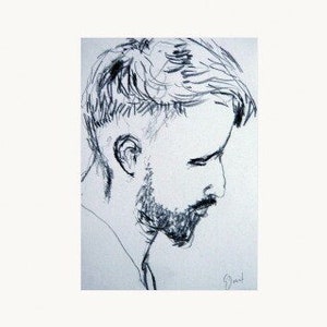 Disegno originale di Gustau Donat. Ritratto di giovane uomo Line Art. Minimal Art. Carboncino su carta. 8,3 pollici x 5,8 pollici