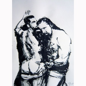 Disegno originale di Gustau Donat. Disegno a inchiostro astratto moderno di una coppia gay. Espressionista Art. 22,8 pollici x 16,5 i