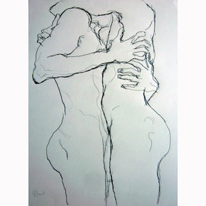 Disegno originale di Gustau Donat. NESSUNA stampa. Disegno di coppia gay. Arte minimale. Disegno delle linee. Grafite su carta. 22'8 in x 16'5 in