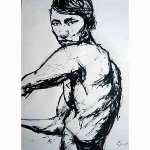 Disegno originale di Gustau Donat. Disegno a inchiostro astratto moderno di un torso maschile. Disegno espressionista. Espressionista Art. 22,8 pollici x 16,5 pollici