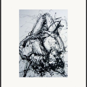 Disegno originale di Gustau Donat. Dalla serie "Tracce". Disegno astratto moderno dell'inchiostro nero di una coppia gay. Arte espressionista.
