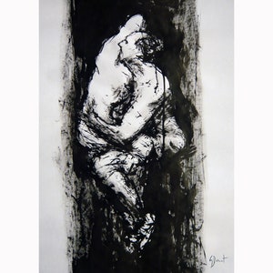 Disegno originale di Gustau Donat. Amanti. Disegno astratto moderno dell'inchiostro nero di una coppia gay. Espressionista Art. 22,8 pollici x 16,5 pollici