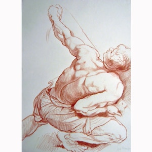 Disegno di Gustau Donat. Copia di un'opera di P. Paul Rubens. Nessuna stampa. Studio della schiena di un uomo. Ottimista sulla carta. 22,8 pollici x 16,5 pollici