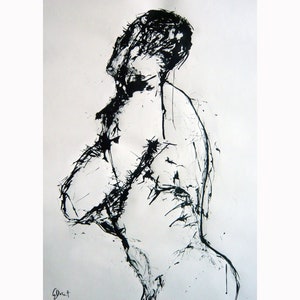Disegno originale di Gustau Donat. Moderno disegno astratto a inchiostro nero di un busto maschile. Espressionista Art. 22.8 in x 16.5 in