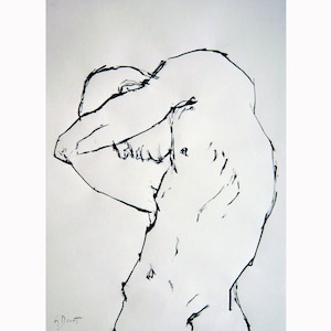 Disegno originale di Gustau Donat. Disegno a inchiostro astratto moderno di un torso maschile (versione 1). Disegno minimo. Espressionista.22,8 pollici x 16,5 pollici