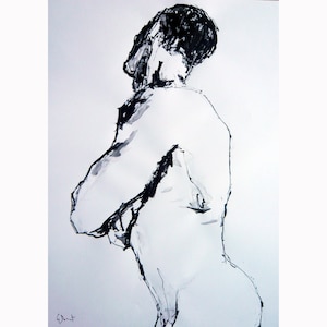 Disegno originale di Gustau Donat. Moderno disegno astratto a inchiostro nero di un busto maschile. Arte Minimale. Espressionista Art. 23 in x 16,5 in.