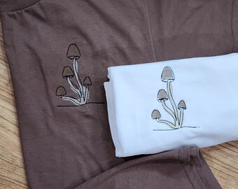 Mushroom simple embroidered tee boho natural modern line drawing