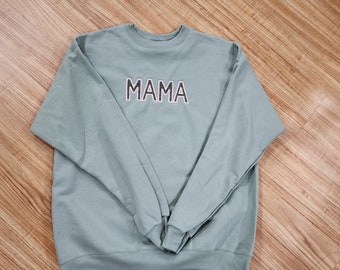 Mama crewneck embroidered custom sage green with corduroy appliqué