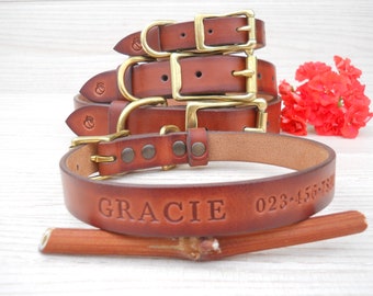 Leather Dog Collar Vintage Look, Dog Collar Personalized, Pet ID Tags, Handmade Engraved Dog Collar, Dog Gifts, Brown Dog Collar