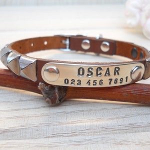 Small Dog Collar, Pet Collar, Small Dog Leather Collar, Personalized Dog Collar, ID Tags for Pet, Small Dog Collar with Pyramid Rivet Brown