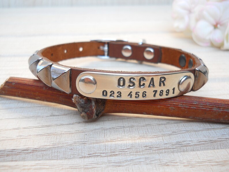 Small Dog Collar, Pet Collar, Small Dog Leather Collar, Personalized Dog Collar, ID Tags for Pet, Small Dog Collar with Pyramid Rivet Brown