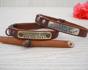 Cat Collar, Cat Collar Breakaway, Personalized Cat Collars, Leather Cat Collar Breakaway ,ID Tags for Cats,  Brown Leather Cat Collar