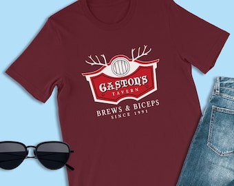 Belle en het beest-shirt, Gaston's Tavern Brews-shirt, Disney-logoshirt, Disney-schurken, eten en wijn-shirts, Disney-drinkshirts