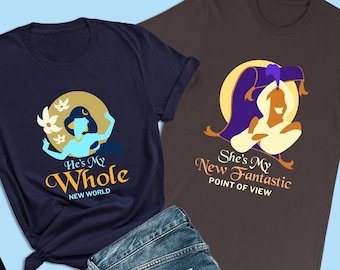 Camiseta de pareja de Aladdin, "Él es mi mundo", camisetas de la princesa Jasmine, camisetas de Disney "Él y ella" para las vacaciones, camiseta a juego de luna de miel de San Valentín