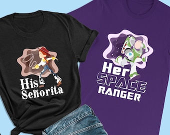 Koszulka dla pary Toy Story, jego Señorita, koszulka Jessie Cowgirl, koszulka Pixar Couples Matching Shirt, koszulka Honeymoon Unique, żona, dziewczyna, partnerka