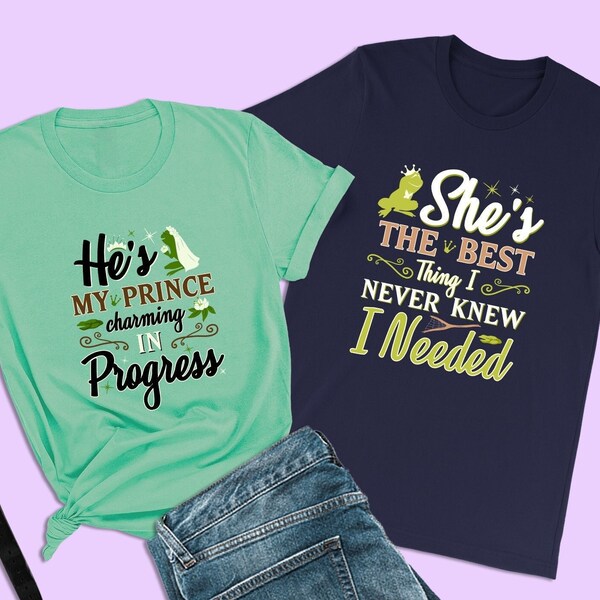 De prinses en de kikker-shirts, He's My Prince Charming, Tiana-shirt, Disney-paar huwelijksreisshirts, bijpassende Disney-familieshirts