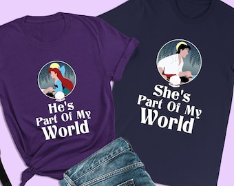 Den lilla sjöjungfrun parskjorta, Han är en del av min värld, Prinsessan Ariel skjorta, Disney World smekmånadsmatchning, årsdagströja för par