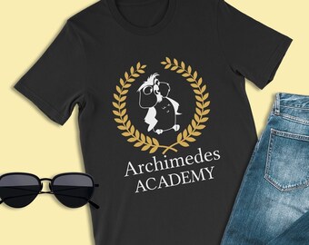 May include: Black t-shirt with a white graphic of a person wearing glasses and a laurel wreath with the text "Archimedes ACADEMY".