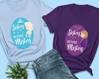 Camisetas de Frozen, camisetas de Sisters Before Misters, camisetas de Elsa, camisetas de Disney para parejas, camisetas de Disney para familias, camisetas de Elsa y Anna, camisetas de hermanos