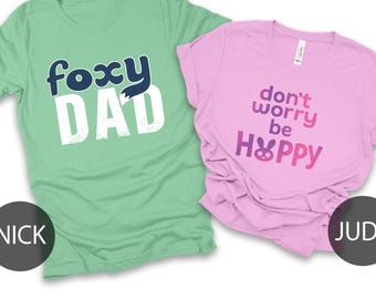 Camiseta de Zootopia 2, camiseta de Foxy Dad, Don't Worry Be Hoppy, disfraz de Nick Wilde, cosplay de Judy Hopps, atuendo de Animal Kingdom, Disneyland Family