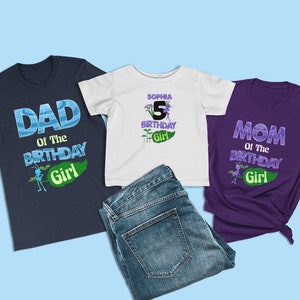 May include: Three t-shirts with a birthday girl theme. The white t-shirt says "Sophia 5 Birthday Girl". The blue t-shirt says "Dad of the Birthday Girl". The purple t-shirt says "Mom of the Birthday Girl".