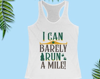 May include: White tank top with a green and brown graphic that says "I can barely run a mile!"  The graphic also includes a bear paw print and a bear silhouette. The text "BoundingInStyle" is in the bottom right corner.
