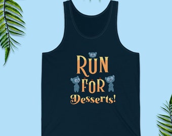 May include: A navy blue tank top with the text "Run for Desserts!" in a gold font. Three cartoon bears are above the text.