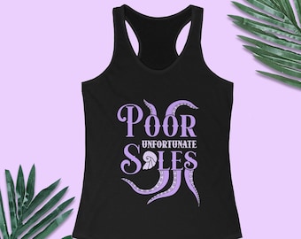 May include: Black tank top with a purple graphic that says "Poor Unfortunate Souls" with an octopus tentacle design.
