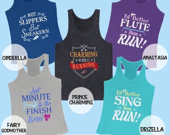 May include: Five different tank tops with various Disney princess-themed designs. The tank tops are in different colors, including blue, purple, teal, gray, and light gray. The designs include text and graphics, such as "Not slippers but sneakers!" and "I'd better flute than run!"
