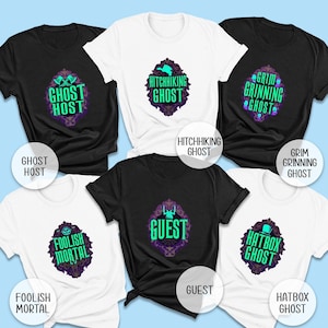 Haunted Mansion Family T-Shirts, Hitchhiking Ghost, Grim Grinning Ghost, Foolish Mortal, Hatbox Ghost, Madame Leota, Dynamite Guy, The Bride