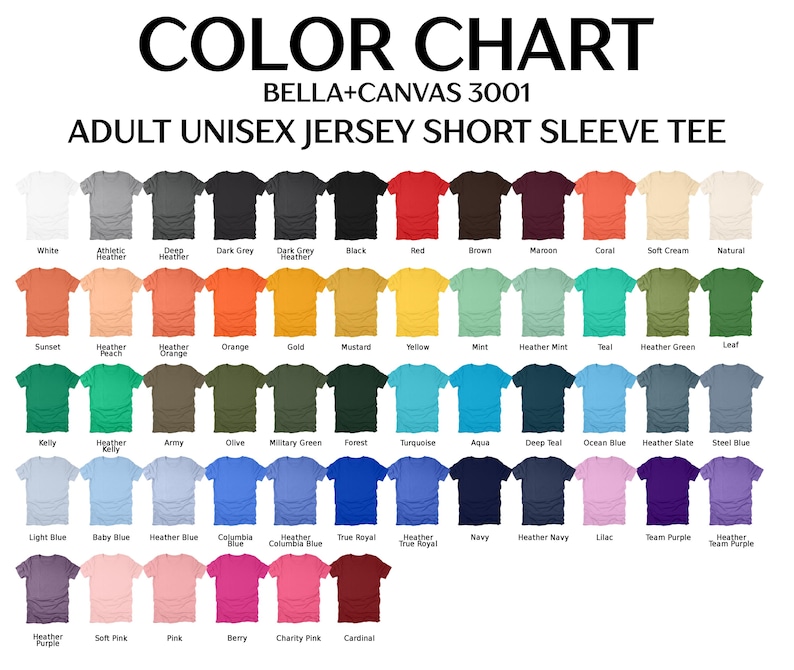 Puede incluir: Carta de colores para camisetas unisex de manga corta de punto de adulto. La carta muestra una variedad de colores, incluyendo blanco, negro, rojo y varias tonalidades de azul, verde y rosa. El texto "CARTA DE COLORES" est&aacute; en la parte superior.