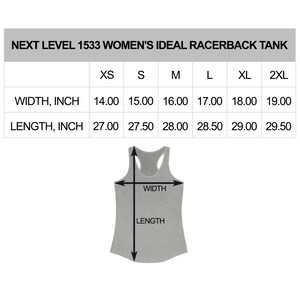 May include: Size chart for a racerback tank top in sizes XS to 2XL. The chart shows the width and length measurements in inches for each size.