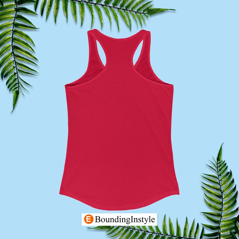 May include: A bright red tank top with a racerback style. The tank top is made of a soft, comfortable fabric and has a curved hem.