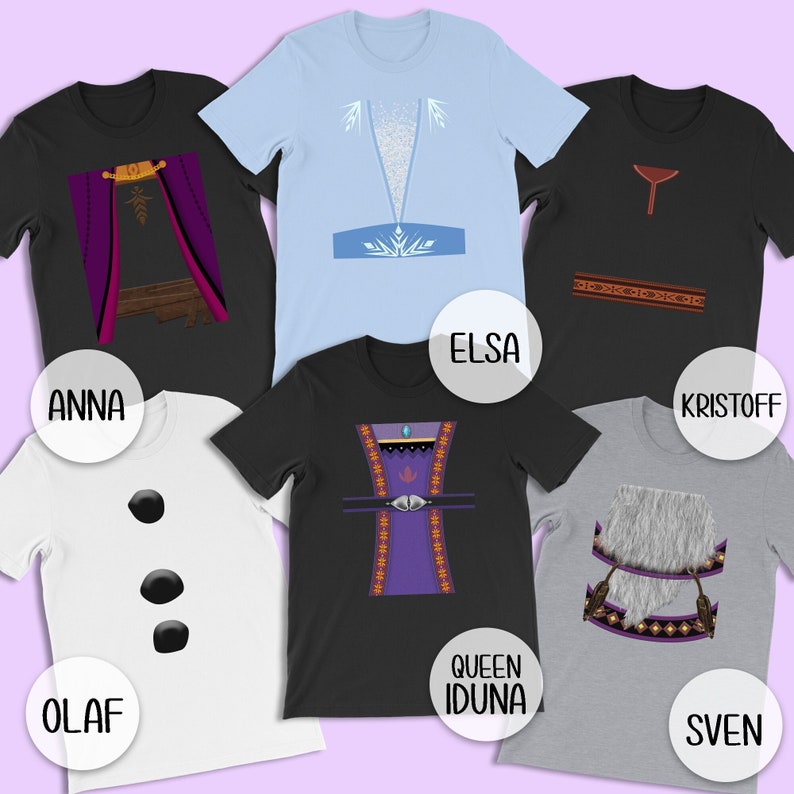 May include: Six black t-shirts with different Frozen character designs. The shirts feature Anna, Elsa, Kristoff, Queen Iduna, Olaf, and Sven.