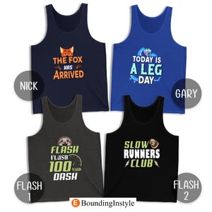 May include: Four tank tops with graphic designs. One navy blue tank top has a fox graphic and the text "THE FOX HAS ARRIVED." A blue tank top says "TODAY IS A LEG DAY." A grey tank top says "FLASH 100 YARD DASH." A black tank top says "SLOW RUNNERS CLUB."