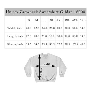 May include: Size chart for a unisex crewneck sweatshirt. The chart shows the width and length in inches for sizes S through 5XL.