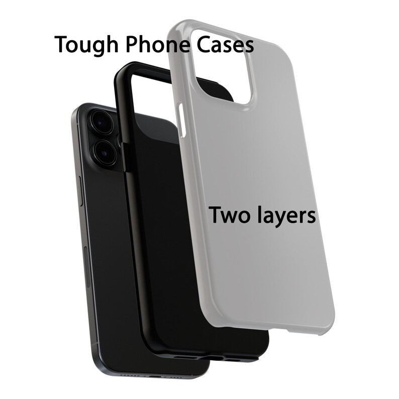 K&ouml;nnte beinhalten: Eine zweilagige Handyh&uuml;lle mit einer schwarzen Au&szlig;enschicht und einer grauen Innenschicht. Der Text "Tough Phone Cases" und "Two layers" ist auf der H&uuml;lle sichtbar.