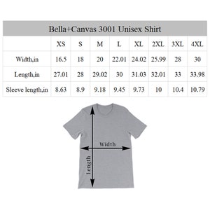 May include: Size chart for a Bella+Canvas 3001 Unisex Shirt, showing measurements in inches for width, length, and sleeve length for sizes XS through 4XL.