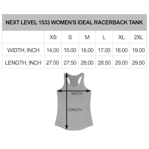 May include: Size chart for a racerback tank top in sizes XS to 2XL. The chart shows the width and length measurements in inches for each size.