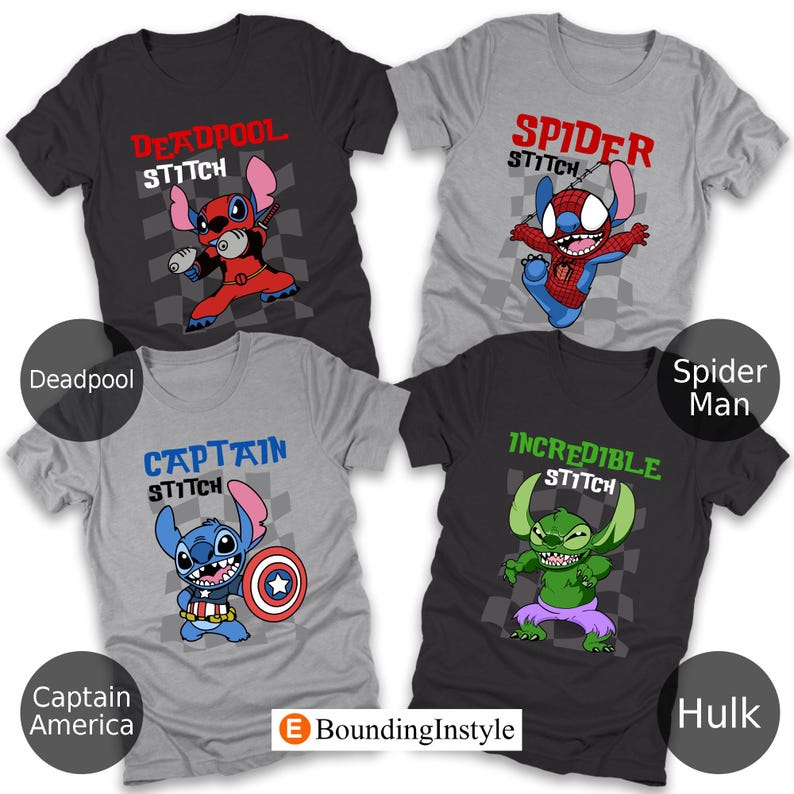 Marvel Stitch Shirts, Stitch Avengers Family Shirt, Retro Disney Character Tees, MCU Superhero, Deadpool, Thor, Spider-Man, Iron Man, Loki