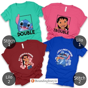 リロ＆スティッチシャツ、オハナシャツ、ダブルトラブルシャツ、スティッチシャツ、ディズニーTシャツ、ディズニースティッチフレンドおもしろTシャツ、ベストフレンズギフト