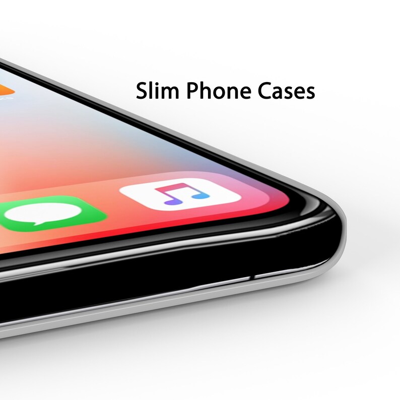K&ouml;nnte beinhalten: Nahaufnahme eines schwarzen iPhones mit einem roten, wei&szlig;en und blauen Farbverlaufshintergrund. Das Telefon hat ein schwarzes Geh&auml;use und ein Display, auf dem das Symbol der Musik-App angezeigt wird. Der Text "Slim Phone Cases" wird &uuml;ber dem Telefon angezeigt.