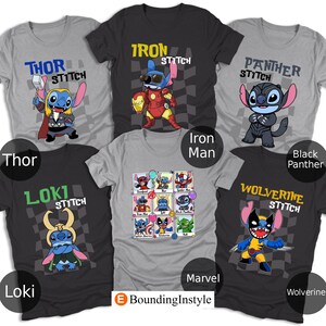 Marvel Stitch Shirts, Stitch Avengers Family Shirt, Retro Disney Character Tees, MCU Superhero, Deadpool, Thor, Spider-Man, Iron Man, Loki