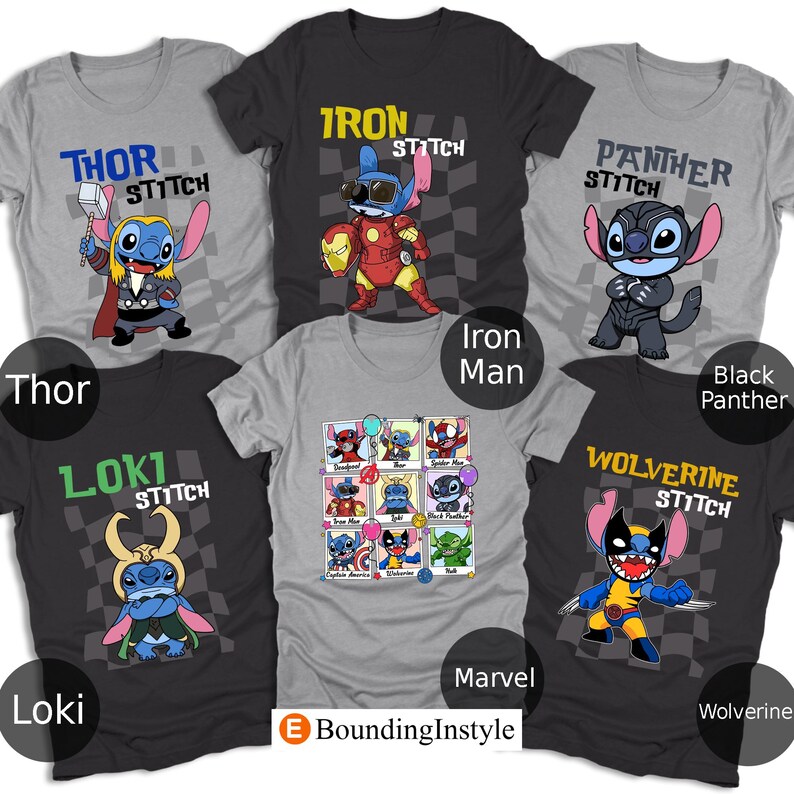 Marvel Stitch Shirts, Stitch Avengers Family Shirt, Retro Disney Character Tees, MCU Superhero, Deadpool, Thor, Spider-Man, Iron Man, Loki