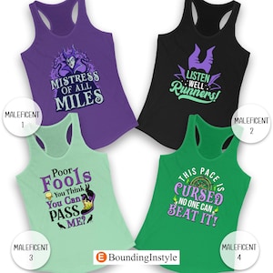 May include: Four racerback tank tops in purple, black, mint green, and green. Each tank top features a Maleficent-themed graphic with text. The purple tank says "Mistress of All Miles." The black tank says "Listen Well Runners!"