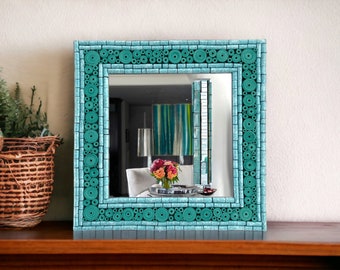 Handmade Wall Mirror,  Decorative Blue Green Mirror, Square Shaped Mirror ,Bohemian Mirror, Aesthetic Card Stock Mirror, Home Decor