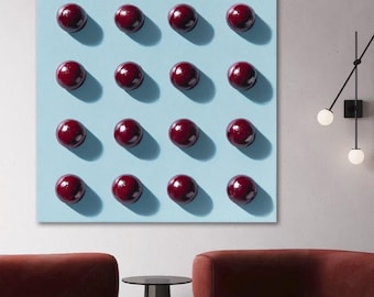 3D Textured Wall Art with Glossy Burgundy Spheres on Baby Blue Background, Minimalist Modern Abstract Painting, Large Statement Wall Decor