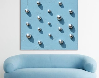 Light Blue and Silver Textured Wall Art, Modern 3D Sphere Abstract Painting, Metallic Sculptural Canvas, Contemporary Statement Wall Decor