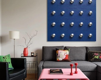 Blue and Silver Textured Art, Modern 3D Sphere Abstract Painting, Metallic Sculptural Canvas, Statement Wall Decor, Luxury Minimalist Art