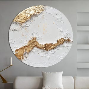 Round wall art Gold White Textured painting Relief painting Sculpture painting Plaster wall decor Japandi wall art Rich texture painting